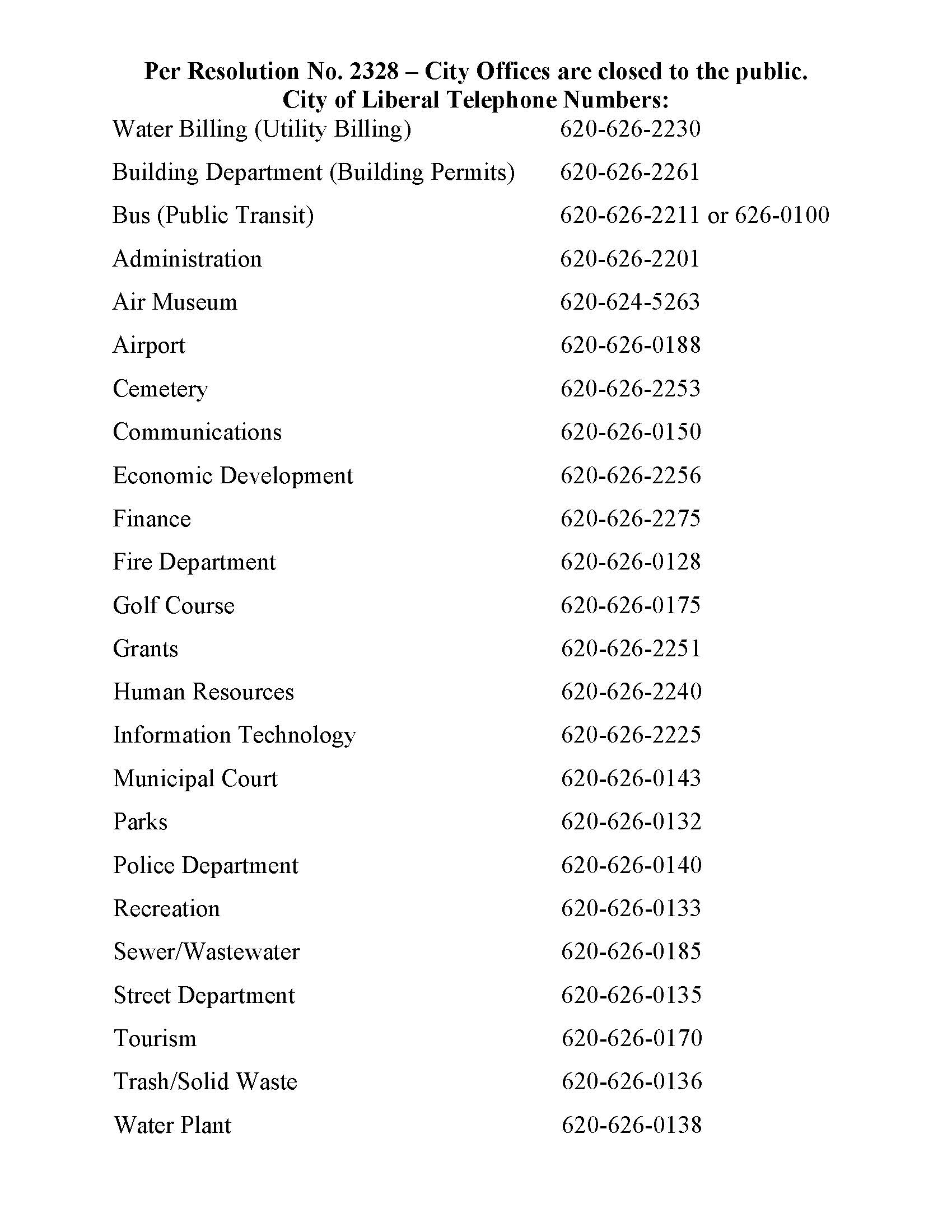 City of Liberal numbers